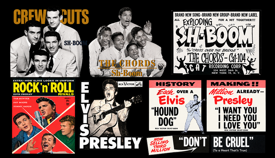 Early rock and roll record advertisements, magazine covers, and promotional photography